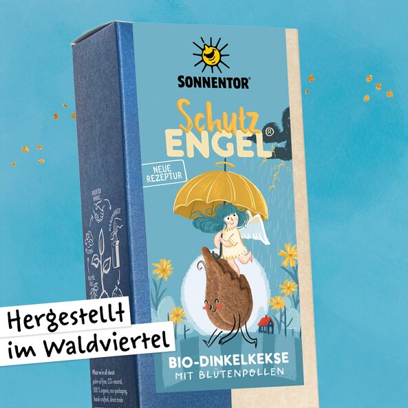 Packaging of Sonnentor Schutzengel cookies labeled "organic spelt cookies with flower pollen" and "made in the Waldviertel"