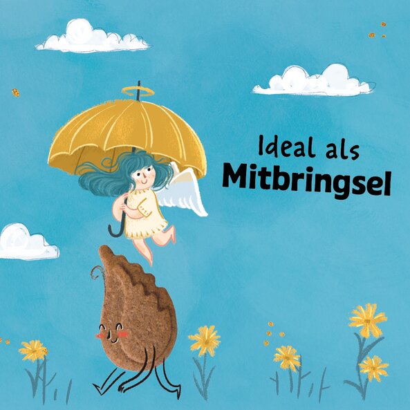 Illustration of a guardian angel with an umbrella over a cookie, next to the text "ideal as a gift"