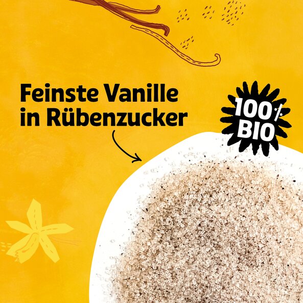 Organic vanilla sugar with text "finest vanilla in beet sugar" and "100% organic"
