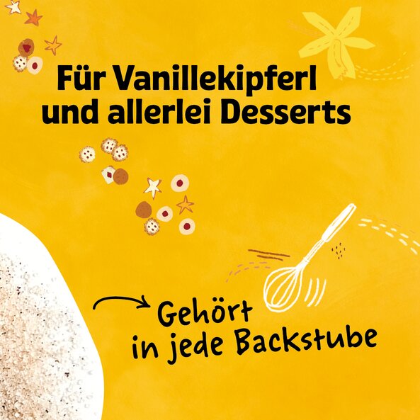 Vanilla sugar with text "for vanilla crescents and all kinds of desserts" and "belongs in every bakery"