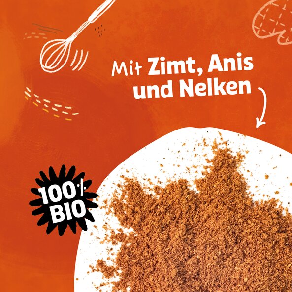 Ground gingerbread spice on white background with text "With cinnamon, anise and cloves" and "100% organic"