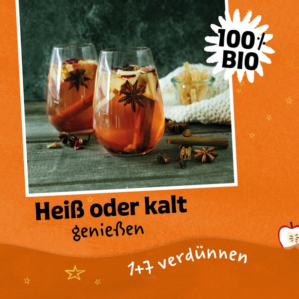 Two glasses of apple punch with spices and text "Enjoy hot or cold", "Dilute 1+7" and "100% organic"