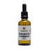 Photo of a bottle black caraway oil. On the bottle is a blue drop of oil. the cap of the bottle is black.