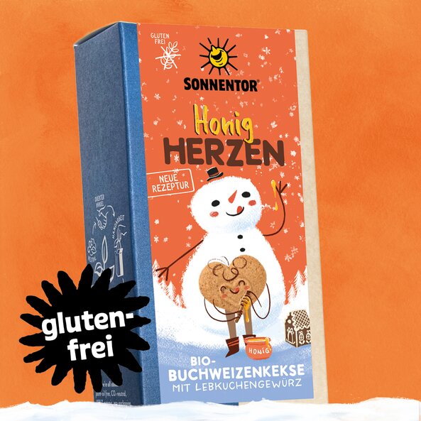 Sonnentor Honey Hearts, gluten-free organic buckwheat cookies with gingerbread spice in package