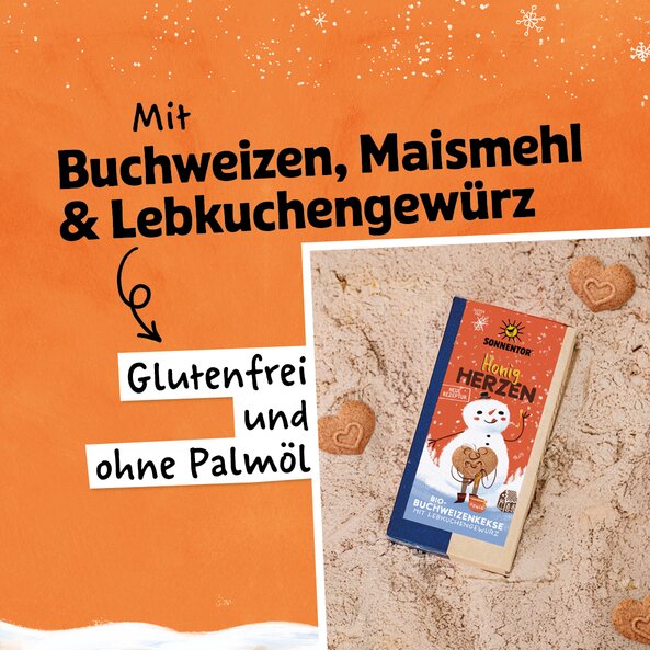 Honey Hearts package with text "With buckwheat, corn flour and gingerbread spice" and "Gluten-free and palm oil free"