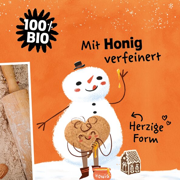 Snowman illustration with text "100% organic", "Refined with honey" and "Heart-shaped"