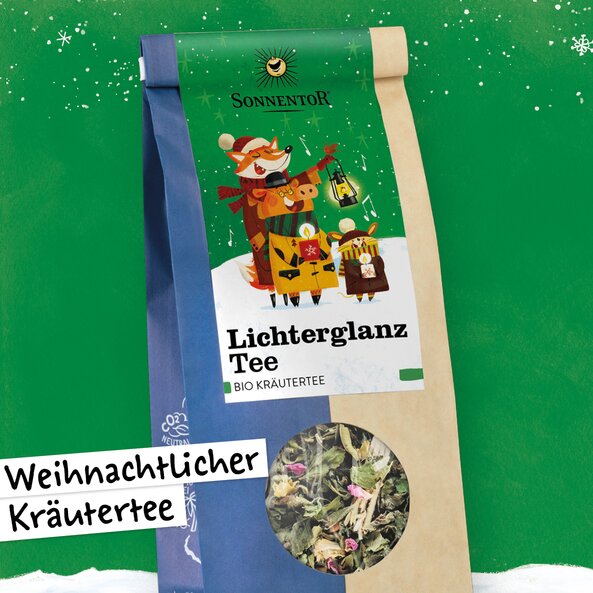 Sonnentor Lichterglanz tea, loose organic herbal tea in package with note "festive herbal tea"