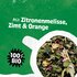 Herbal tea blend with text "With lemon balm, cinnamon and orange" and note "100% organic"