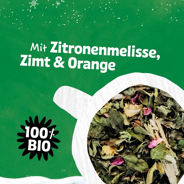 Herbal tea blend with text "With lemon balm, cinnamon and orange" and note "100% organic"