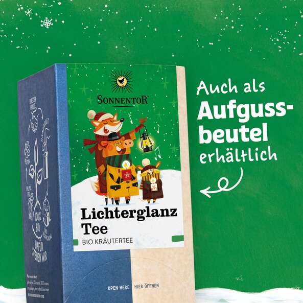 Lichterglanz herbal tea with note "also available as tea bags"