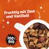 Fruit tea blend with text "Fruity with cinnamon and vanilla oil" and label "100% organic"