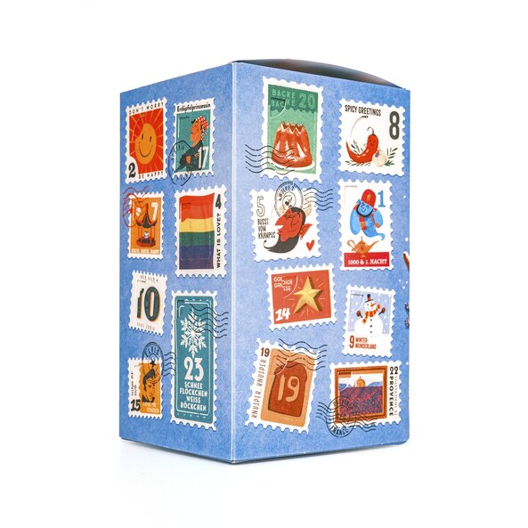 Side view of the spice advent calendar with colorful stamp-style Christmas illustrations