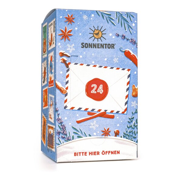 Back of the spice advent calendar with window 24 and text "Please open here"