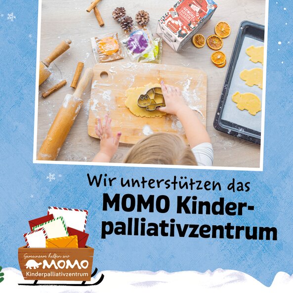 Child baking cookies with text "We support the MOMO children’s palliative care center"