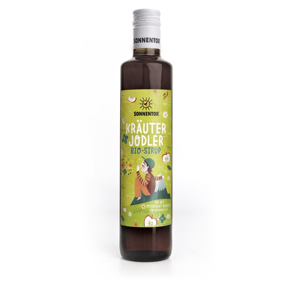 The syrup bottle features several illustrations of herbs and a person sitting in front of a mountain.