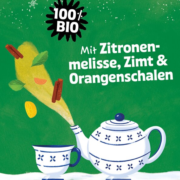 Teapot and cup surrounded by lemon balm, cinnamon and orange peel, text: "100% organic"