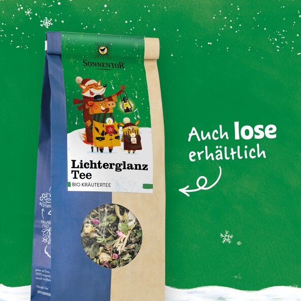 Sonnentor Bright Light herbal tea available loose, organic winter tea with viewing window