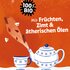 Teapot and cup with ingredients, text: "100% organic – With fruits, cinnamon and essential oils"