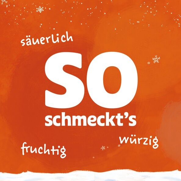 Orange background with text "This is how it tastes: tangy, spicy, fruity"