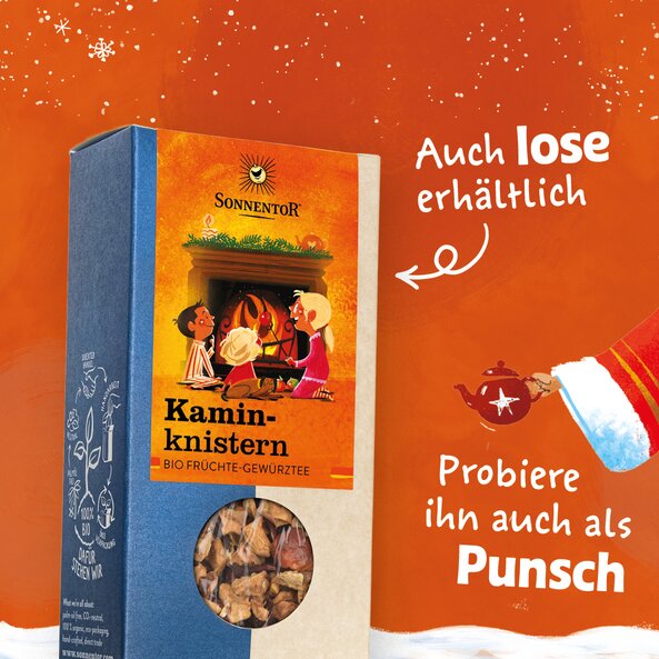 Packaging of Kaminknistern tea with viewing window, text: "Also available loose – Try it as a punch, too"