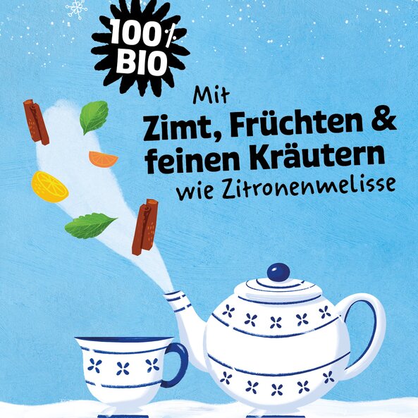 Teapot and cup with ingredients, text: "100% organic – With cinnamon, fruits and fine herbs such as lemon balm"