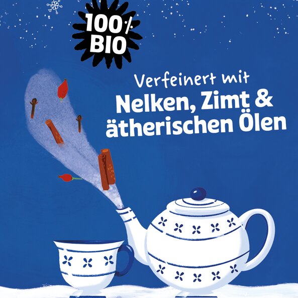 Teapot and cup with ingredients, text: "100% organic – Refined with cloves, cinnamon and essential oils"