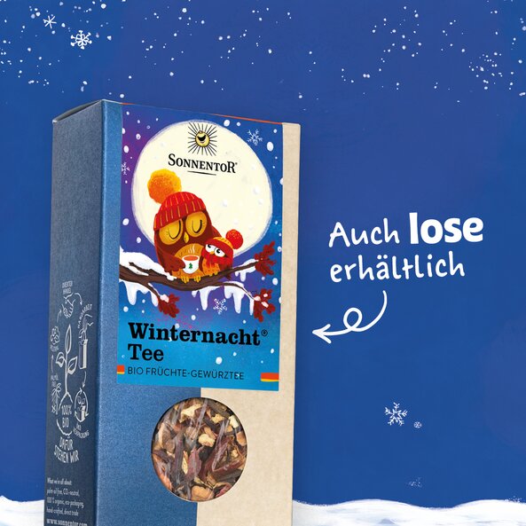 Packaging of Winter Night Fruit Tea with viewing window, text: "Also available loose"