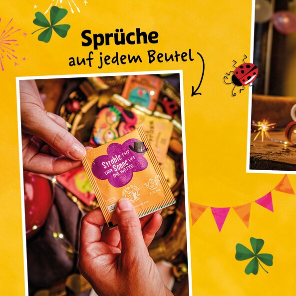Hand holding tea bag with saying "Shine with the sun", text in the photo: "Sayings on every tea bag"