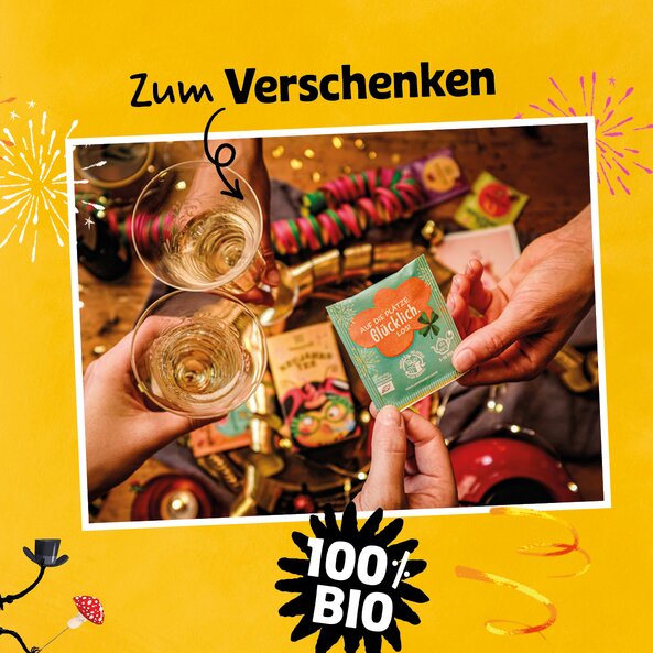 Two people toasting and holding tea bags, text: "For gifting – Ready, happy, go!"