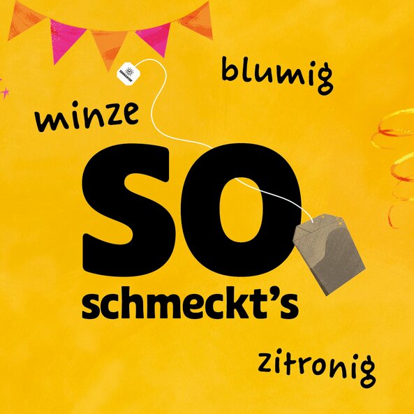 Yellow background with text "This is how it tastes: floral, minty, lemony"