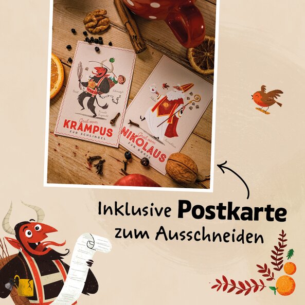 Zwei Postkarten mit Motiven von Nikolaus und Krampus, Text: "Inklusive Postkarte zum Ausschneiden"
