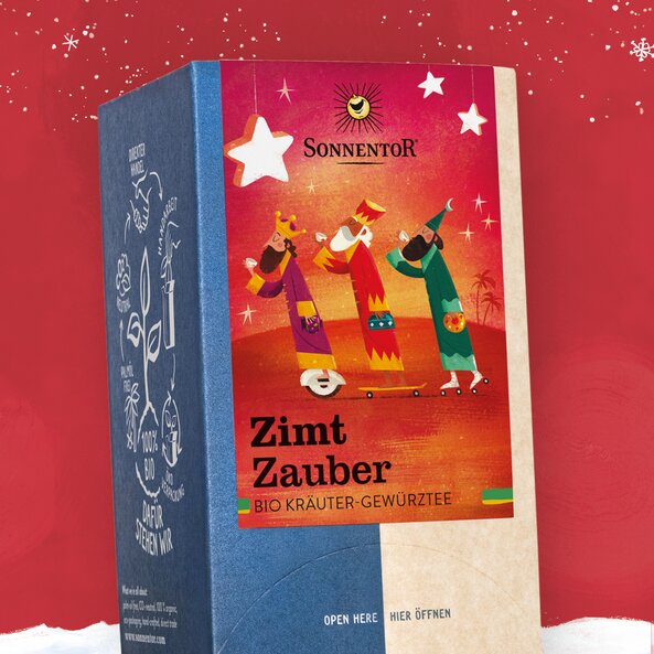 Cinnamon Magic organic herbal spice tea by Sonnentor in festive packaging with illustration of the Three Wise Men