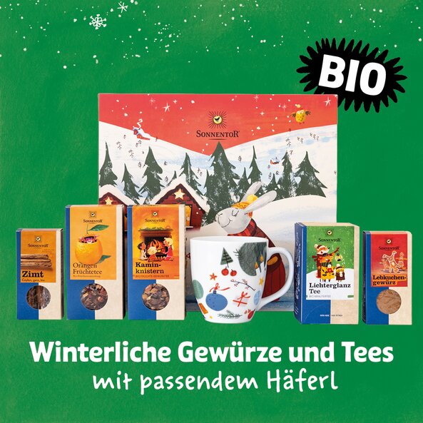 Winter-themed Sonnentor gift box with teas, spices, mug and text "Winter spices and teas with matching mug", organic