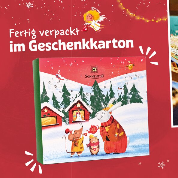 Closed Sonnentor Christmas gift box with winter illustration and text "Ready packed in a gift box"