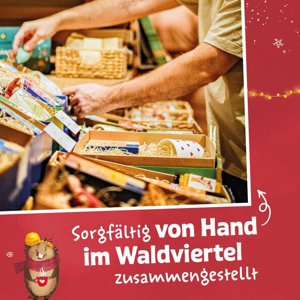 Handcrafted Sonnentor gift boxes with text "Carefully assembled by hand in the Waldviertel region"