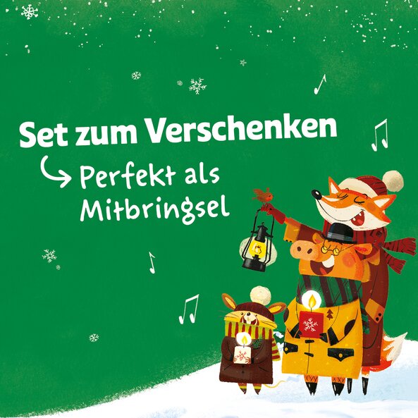Winter illustration with animal characters and text "Gift set – perfect as a small present"