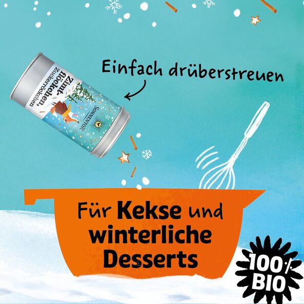 Use of Cinnamon, Sugar & Stardust with text "Simply sprinkle over", "For cookies and winter desserts", 100% organic