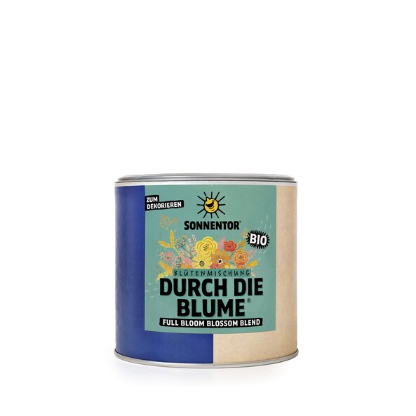 Flowers in yellow, pink and orange can be seen drawn on the turquoise label on the small gastro can.